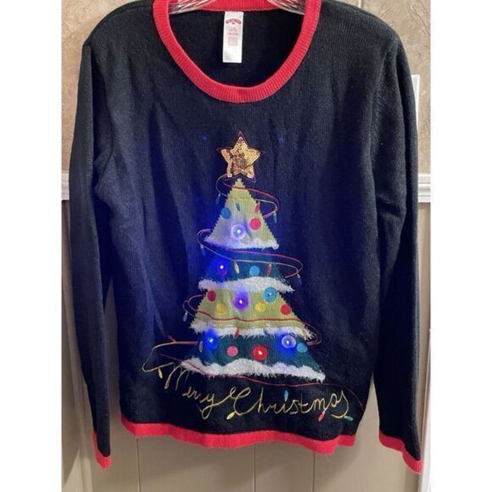 Holiday‎ Time Lighted Christmas Tree Sweater Black Size Large (12/14)
